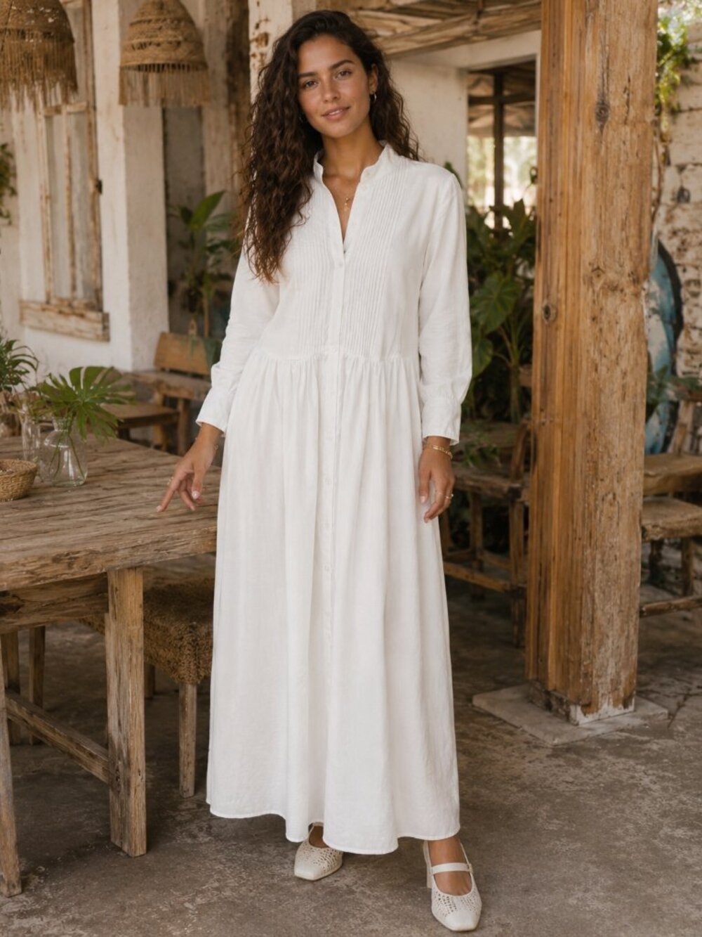 Modesees White Cotton Linen Pintuck Button Front Maxi Dress Size M, NWOT